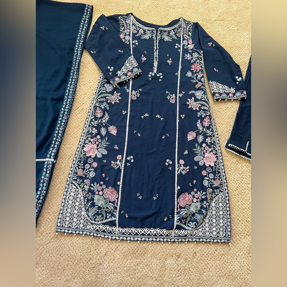 Floral Embroidered Navy Dress Brand ZAHA Pakistani Indian dress